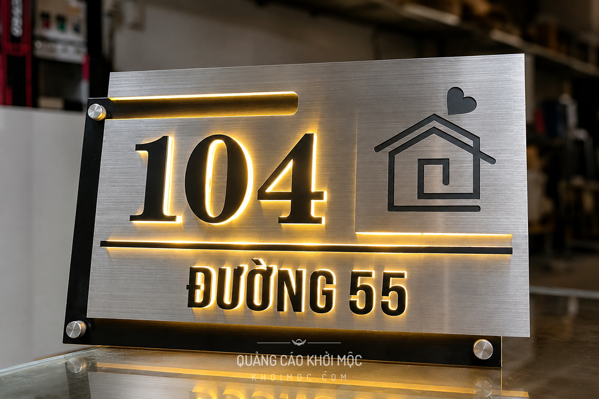 Bảng số nhà inox xước, chữ nổi vàng số 104 đường 55