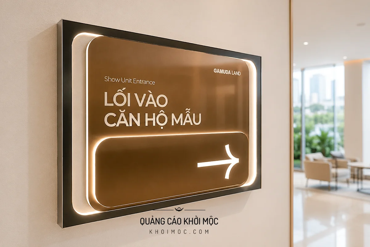 Biển chỉ dẫn inox phối mica LED cho hành lang thiếu sáng