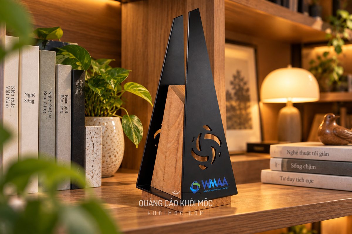 Mẫu kỷ niệm chương hình tháp đế gỗ, mặt kim loại đen khoét hoa văn khắc logo hiệp hội, tổng quan