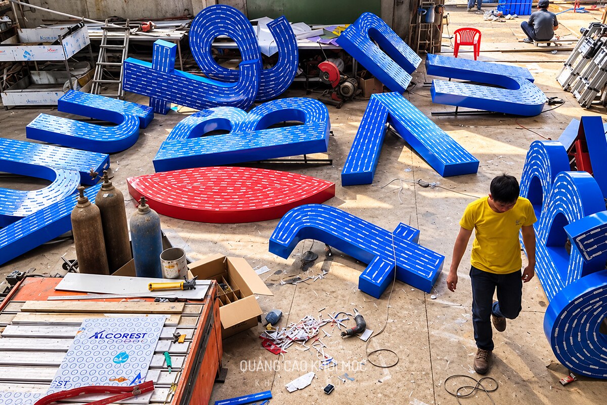 Chữ nổi alu sơn tĩnh điện kèm rãnh đèn LED hắt chân tại xưởng