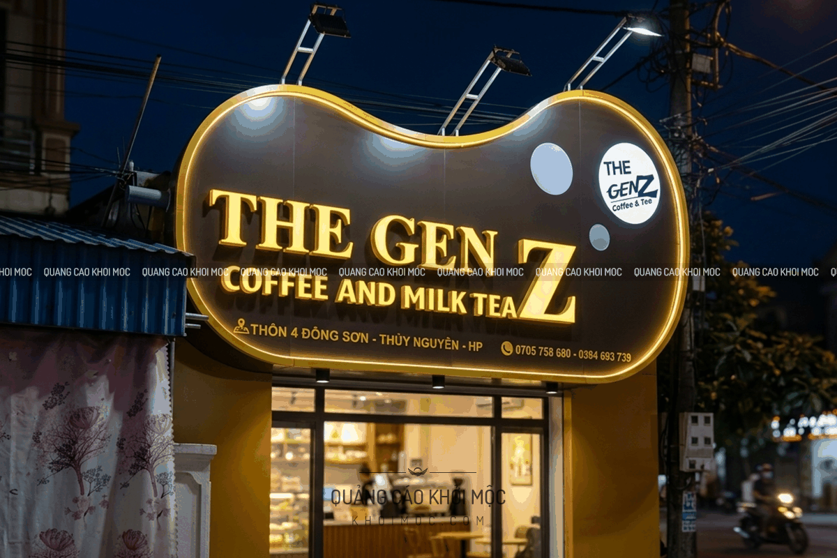 Bảng hiệu alu THE GEN Z coffee and milk tea có LED nổi bật ban đêm