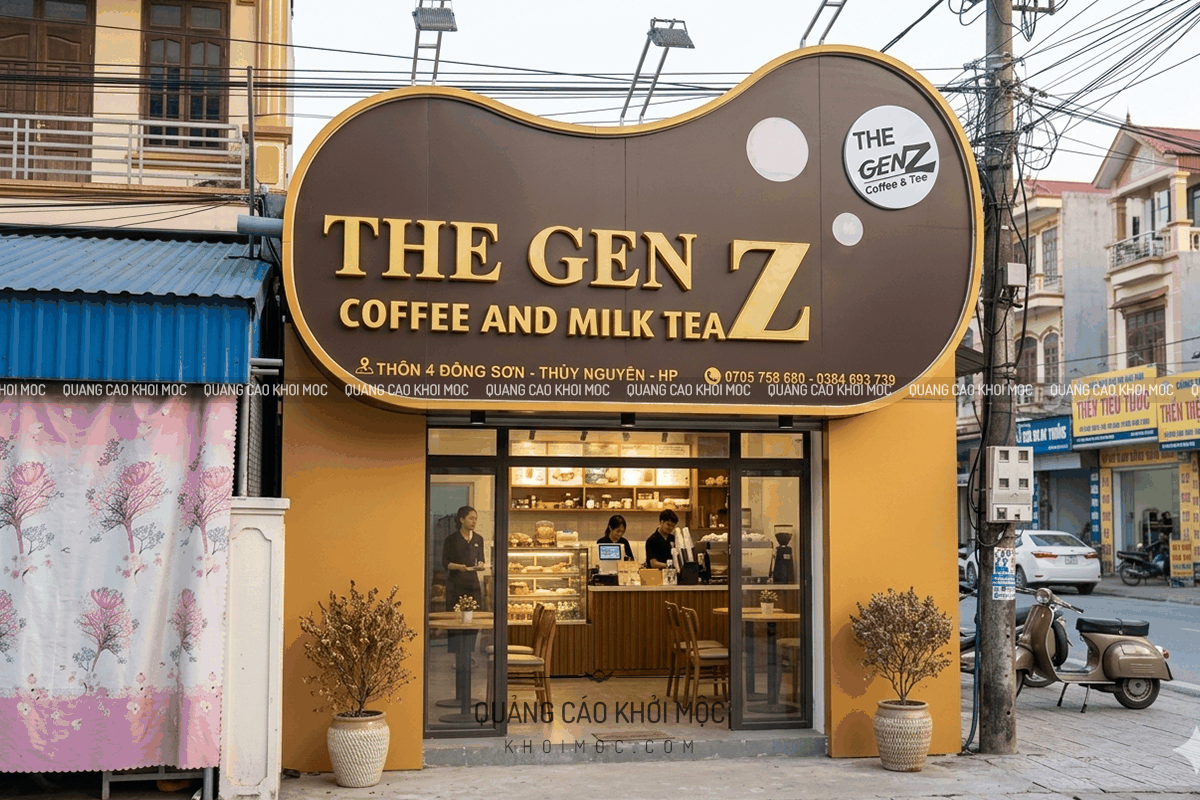 Bảng hiệu alu quán cafe THE GEN Z coffee and milk tea tại mặt tiền cửa hàng, thiết kế hiện đại
