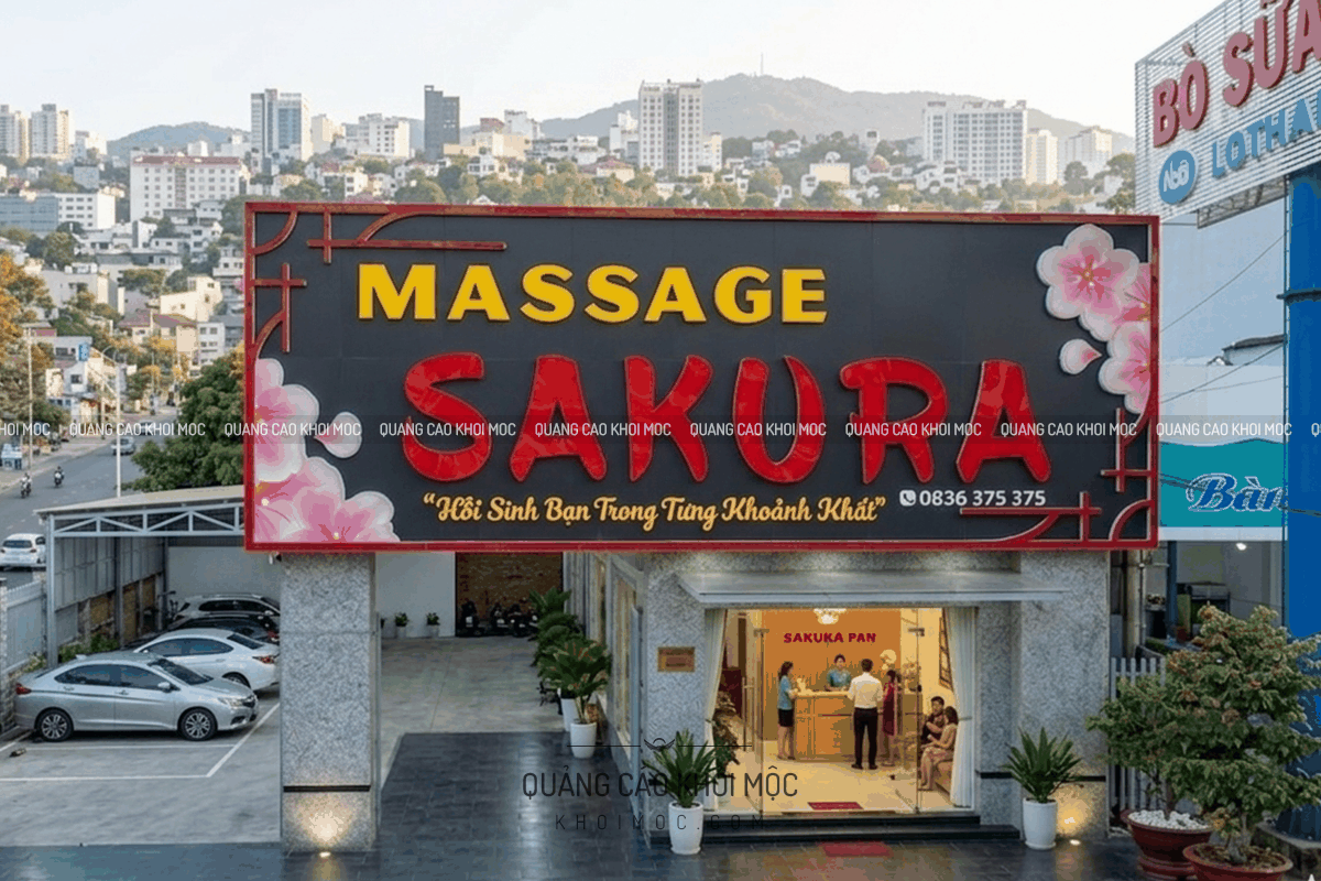 bảng hiệu alu massage Sakura nền tối chữ đỏ nổi bật thiết kế bảng lớn thu hút ban ngày