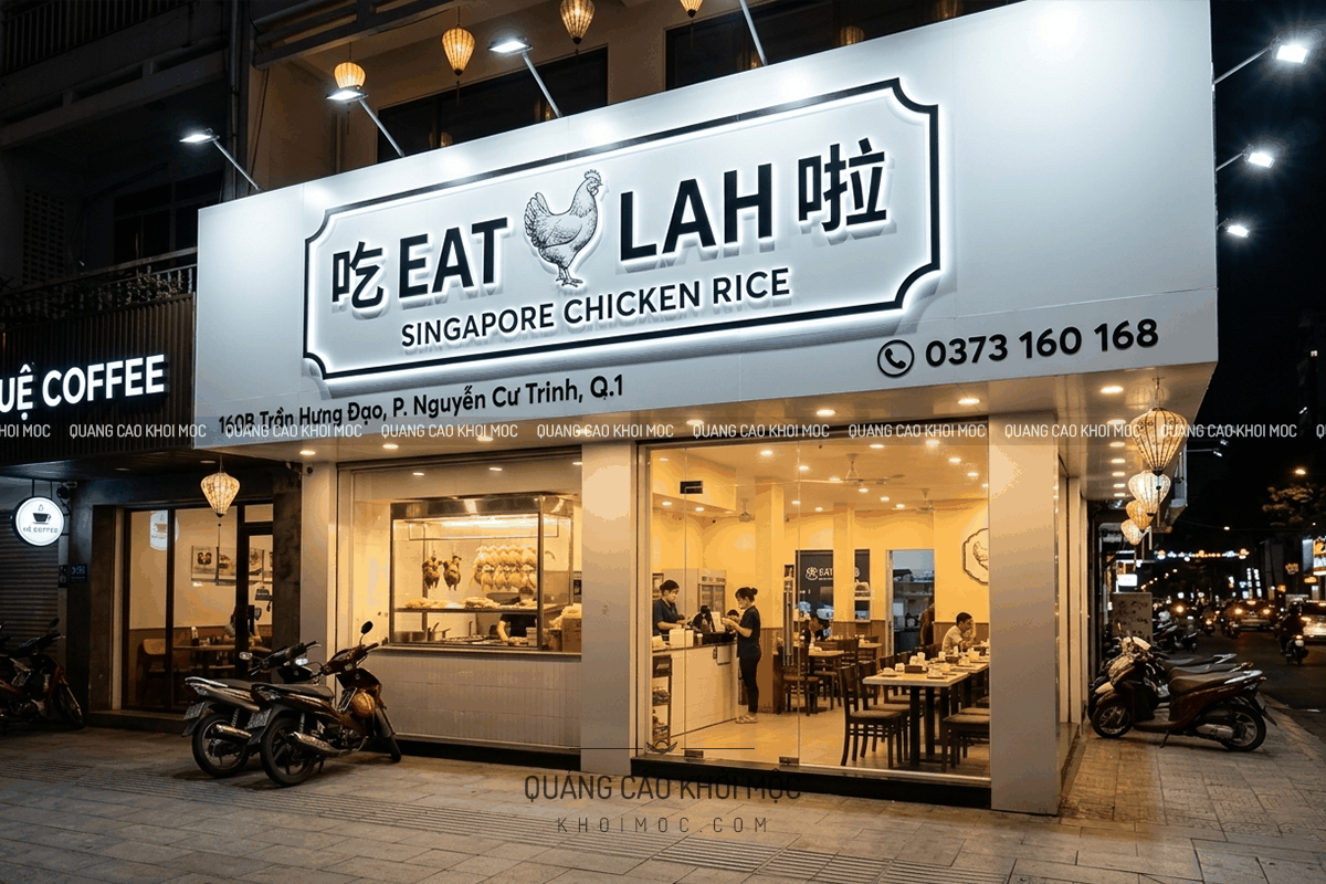 bảng hiệu alu chữ nổi nhà hàng Nhật Dê Eat Lah ánh sáng dịu tạo cảm giác cao cấp vào ban đêm