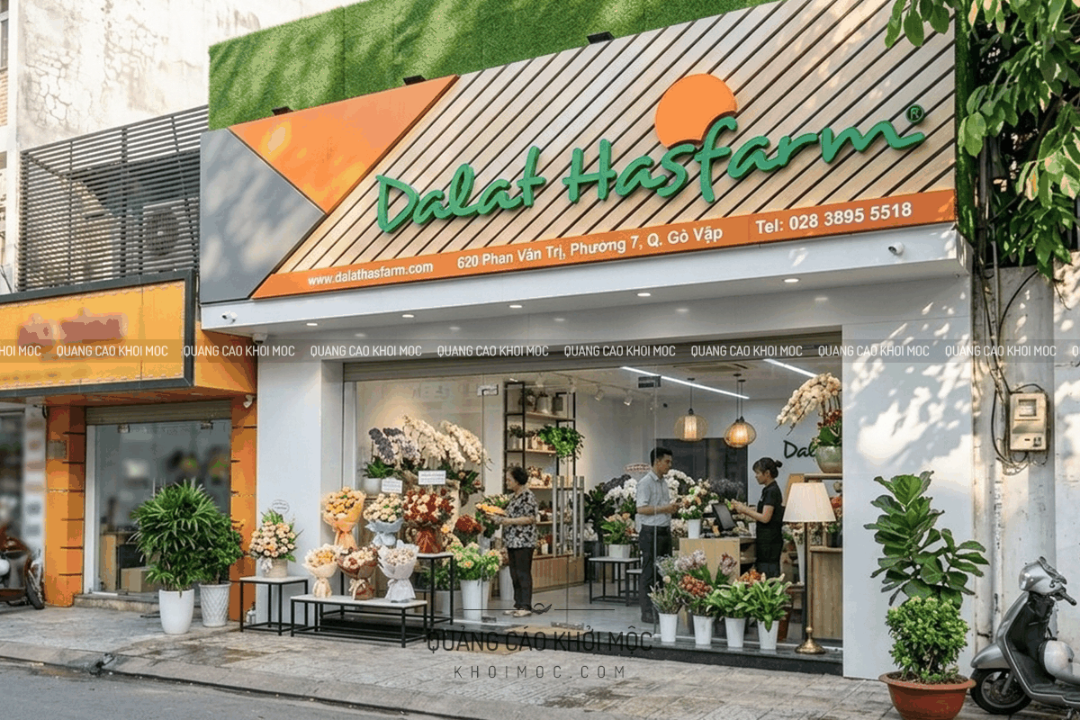 bảng hiệu alu cửa hàng hoa Dalat Hasfarm thiết kế hiện đại phối màu nhẹ nhàng ban ngày