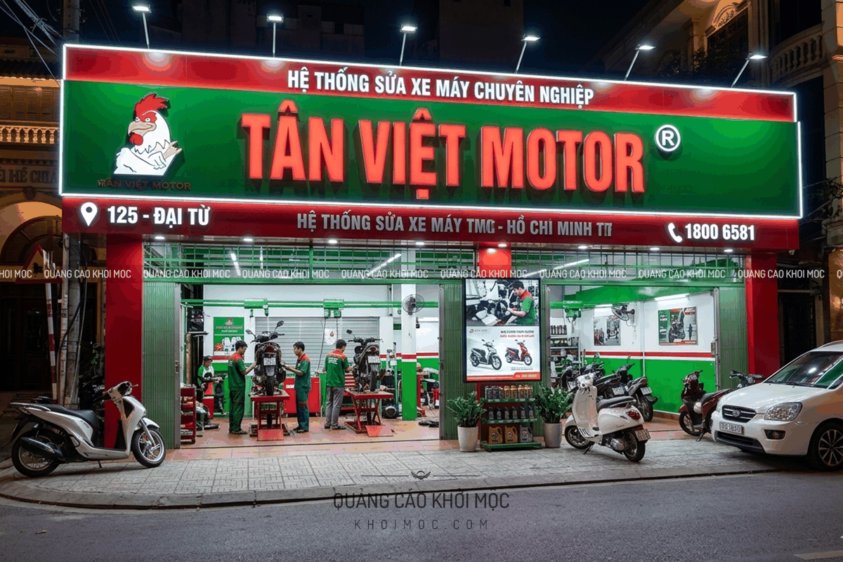 bảng hiệu alu chữ nổi Tân Việt Motor có đèn LED giúp dễ nhận diện từ xa vào ban đêm