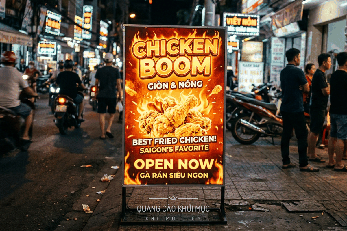 bảng hộp đèn bạt hiflex quán gà rán Chicken Boom đặt vỉa hè thiết kế màu đỏ nổi bật thu hút khách ban đêm