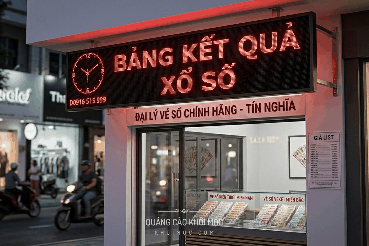hộp đèn LED ma trận đại lý vé số gắn bảng kết quả xổ số trên mặt tiền cửa hàng