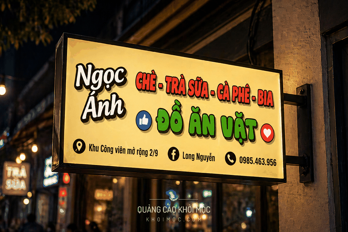 Hộp đèn mica mặt phẳng Ngọc Anh nền sáng rõ nội dung, phù hợp quán ăn và trà sữa