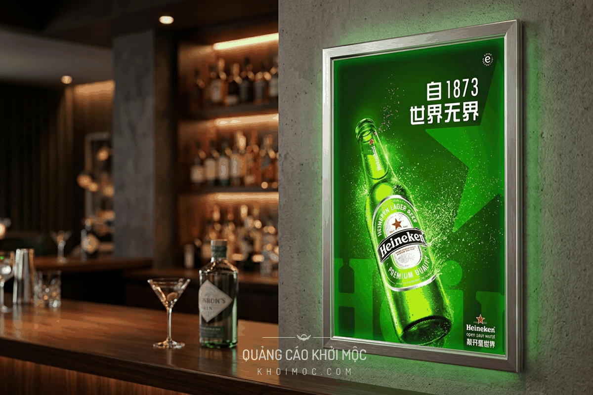 hộp đèn siêu mỏng nắp bật đặt tại quán cafe ánh sáng xanh nổi bật dễ thu hút khách buổi tối