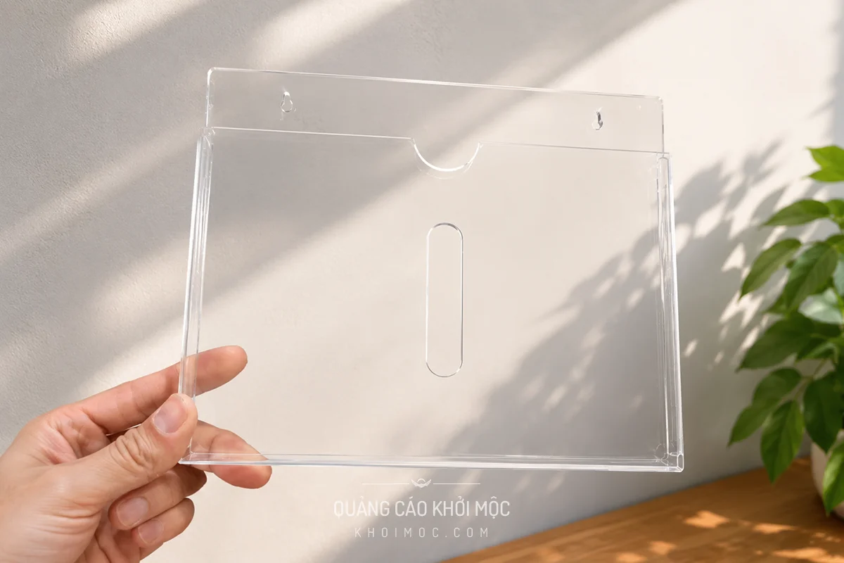 Chi tiết lỗ treo tường trên kệ mica trong suốt