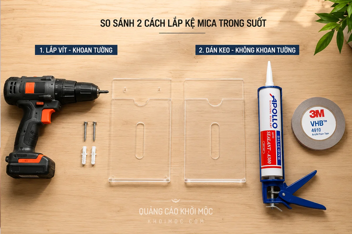 So sánh dán keo và khoan vít khi lắp kệ mica treo tường