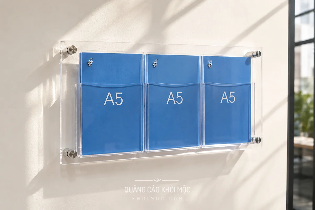 Mẫu kệ mica treo tường 3 ngăn khổ A5 gắn ốc inox