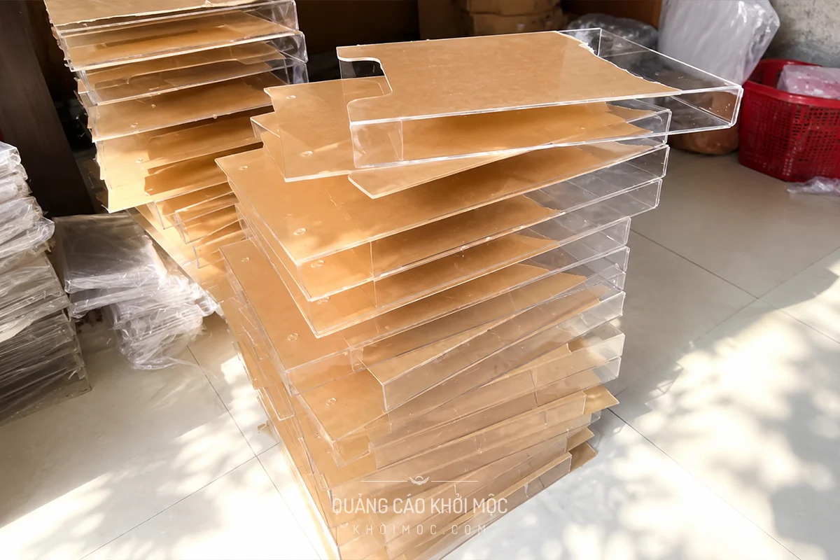 Kệ mica treo tường còn màng bảo vệ xếp chồng tại xưởng