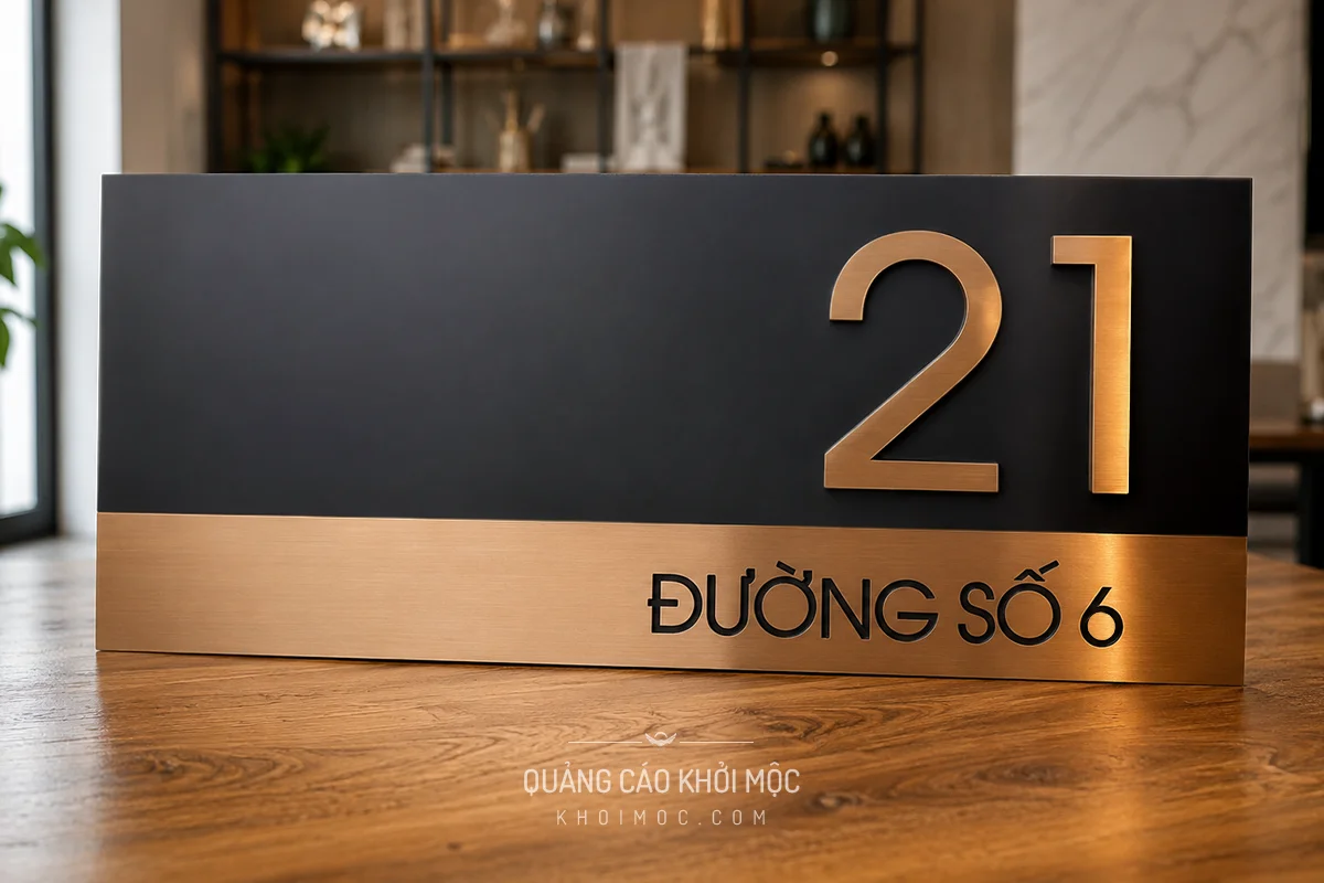 Bảng số nhà nền mica đen nhám kết hợp inox vàng hồng xước, số uốn nổi