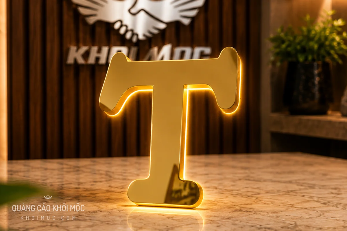 Mẫu chữ nổi inox vàng, đế mica LED 